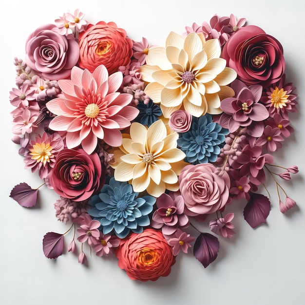 Free photo heart shape made of multicolored flowers top view