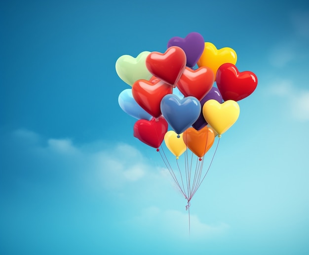 Free photo heart shaped balloons floating the sky