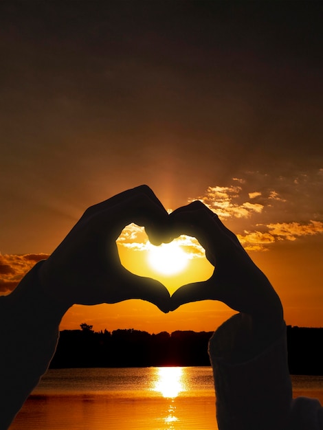 Free photo heart-shaped hands on a sunset