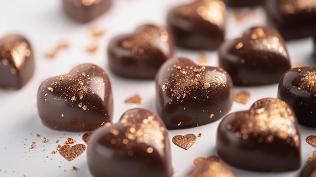 Heartshaped chocolate truffles with gold accents on a white background