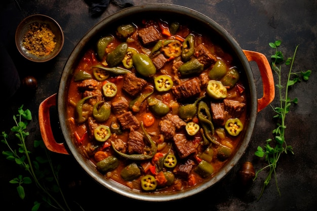 Free Photo hearty beef and okra stew in casserole on wooden table top view traditional african food