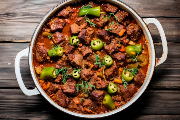 Free photo hearty beef and okra stew in casserole on wooden table top view traditional african food