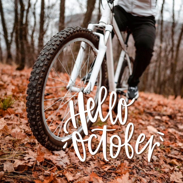 Free Photo hello october background with bicycle