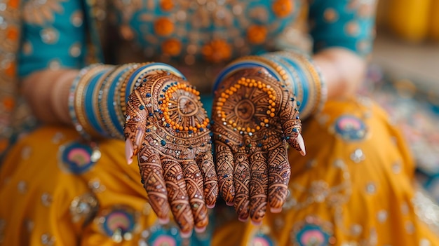 Free photo henna artist applying designs to a brides hands closeup