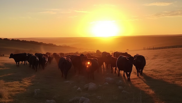 Free photo herd of cows graze in the pasture in sunset created with generative ai technology