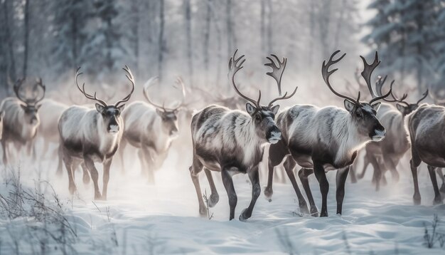 Free Photo herd of deer grazing in snowy forest generated by ai