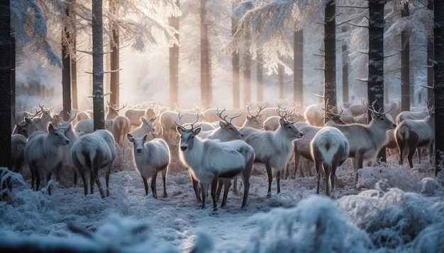 Free Photo herd of horned deer graze in winter forest generated by ai