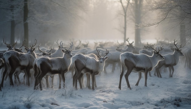 Free Photo herd of horned deer standing in snow generated by ai