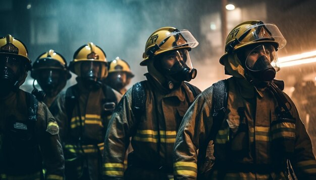 Heroes in protective workwear fight dangerous flames outdoors generated by AI