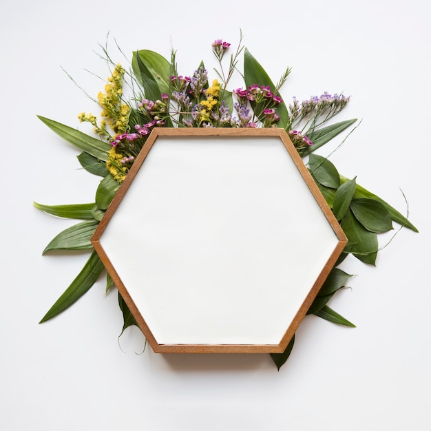 Free Photo hexagon frame on leaves and flowers