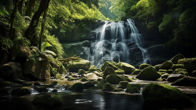 Free Photo a hidden waterfall cascading down the rocks amidst the dense foliage