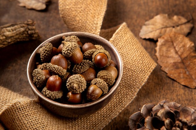 High angle acorns on table still life