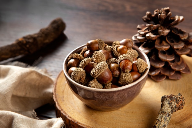 Free Photo high angle acorns on table still life