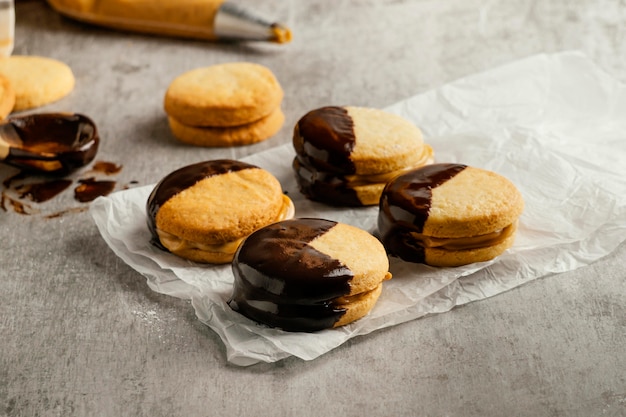 High angle alfajores with chocolate