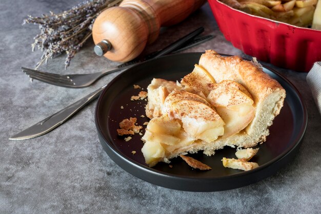 High angle apple pie slice on plate