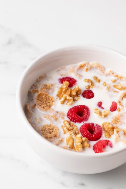 High angle arrangement of bowl cereals close-up