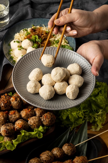 Free Photo high angle arrangement of delicious indonesian bakso