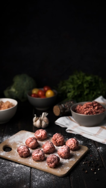 Free Photo high angle arrangement of meatballs on wooden board