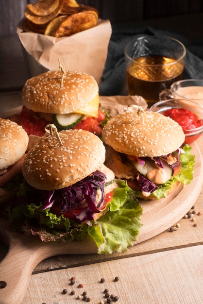 High angle arrangement of tasty hamburgers