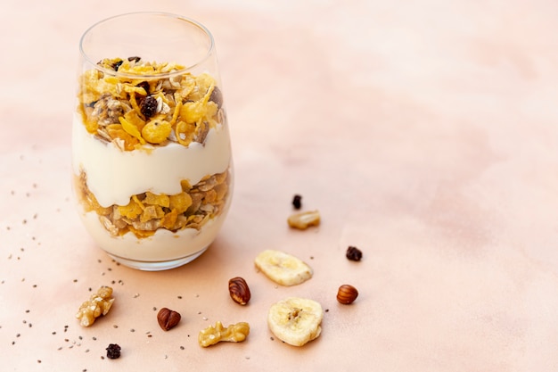 Free Photo high angle arrangement with cereals in a glass