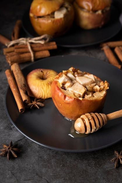 High angle arrangement with honey and apples