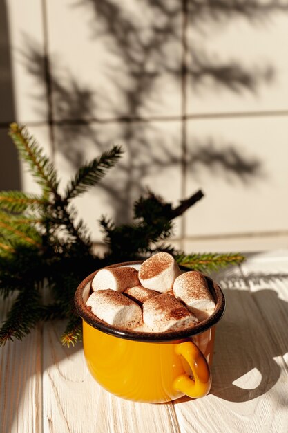 High angle arrangement with mug and twig