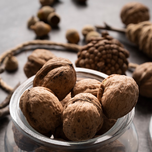 High angle arrangement with nuts in glass bowl