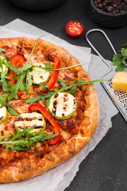 High angle arugula pizza with cheese