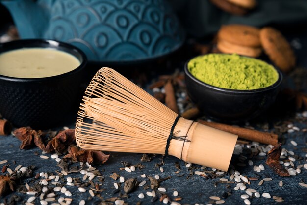 High angle asian green tea matcha on table