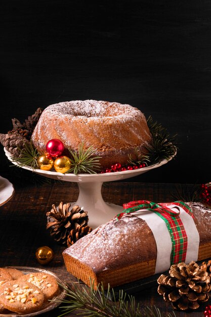 High angle of assortment of christmas cakes with copy space