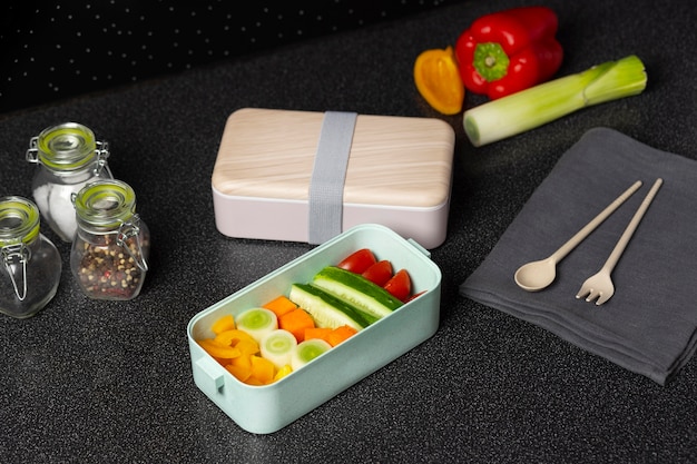 High angle assortment of japanese bento box