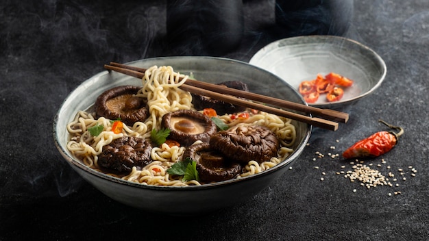 High angle assortment of noodles in a bowl