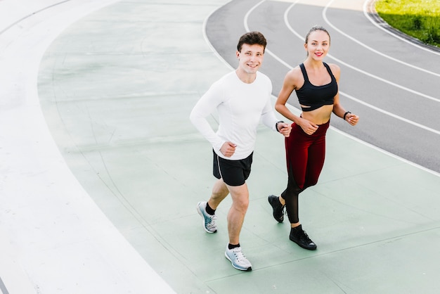 High angle of athletes running