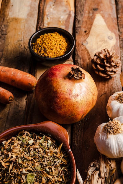 High angle autumn food on wooden background