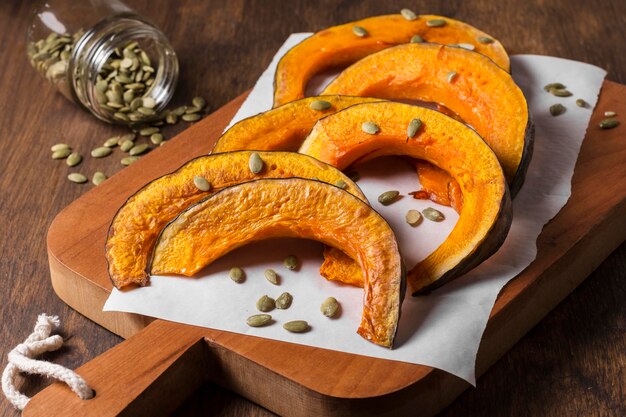 High angle baked pumpkin slices