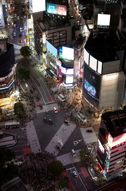 High angle beautiful tall buildings nighttime