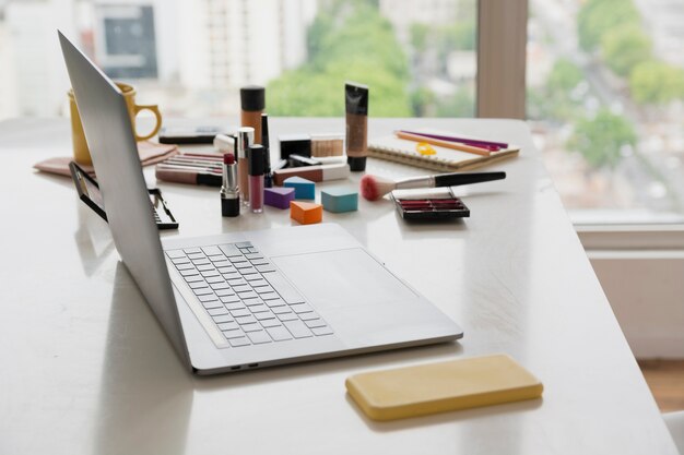 High angle beauty products on table