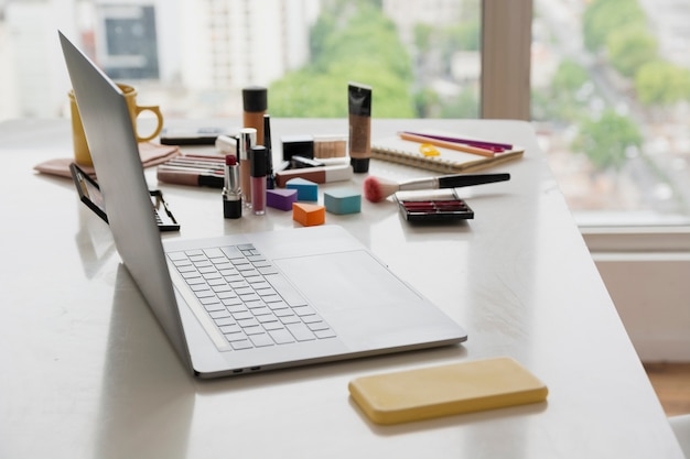 High angle beauty products on table