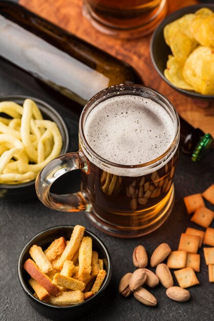 High angle beer and snacks arrangement