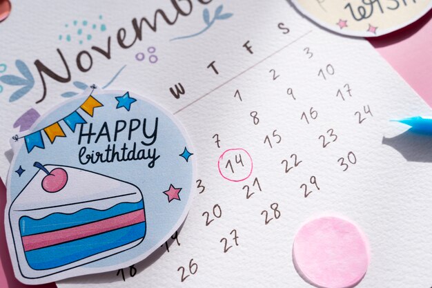 High angle of birthday memo added in vibrant calendar