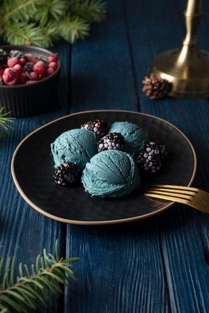 High angle blue ice cream on plate