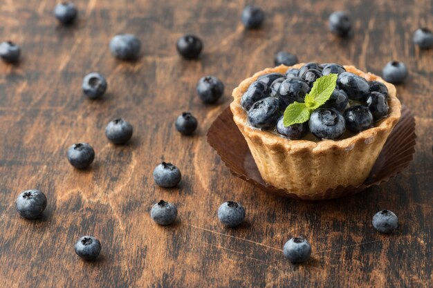 High angle of blueberry dessert with mint