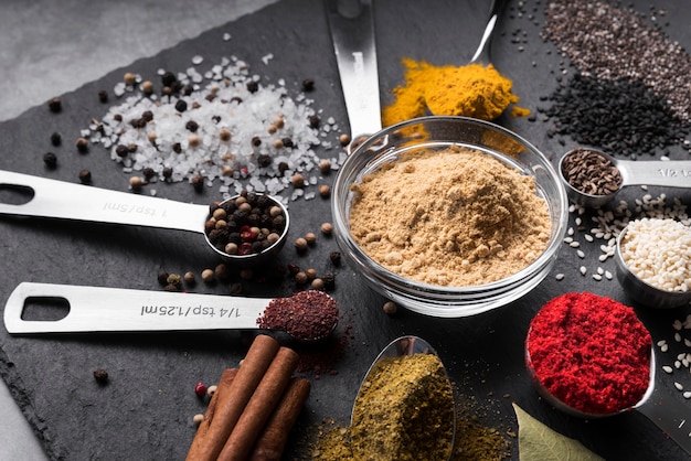 High angle bowl and spoons with spices