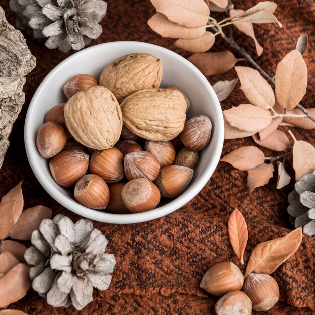 High angle of bowl with chestnuts and autumn leaves