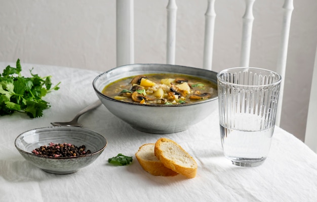 Free Photo high angle bowl with food on table