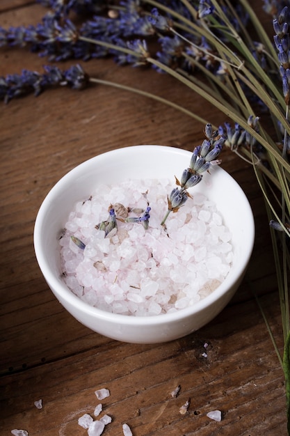 Free photo high angle bowl with mineral salt and lavender