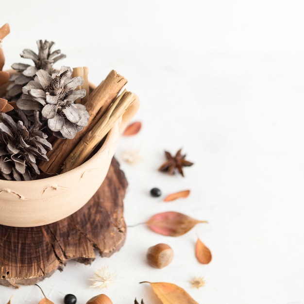 High angle of bowl with pine cones and autumn leaves