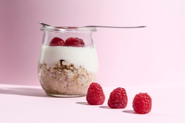 High angle bowl with yougurt and granola cereals