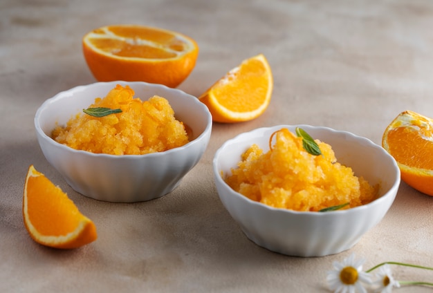 High angle bowls with delicious granita dessert still life