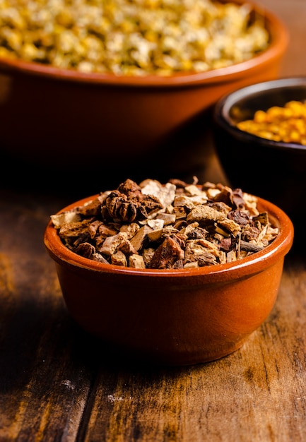 Free Photo high angle bowls with food on wooden table